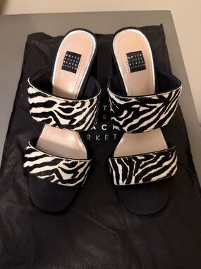 White House Black Market Black & White Zebra Print Double-Strap Mules